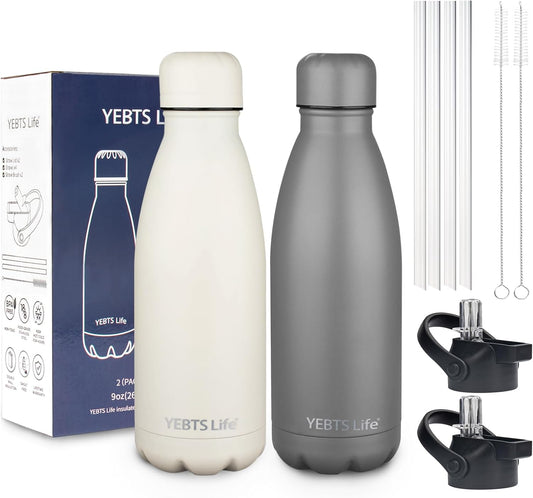 Insulated Water Bottle, 2 Pack-9oz Stainless Steel Water Bottles with straw lid, Metal Sports Water Bottles for Boys,Girls, Double Wall Vacuum BPA-Free Flask for School, Sports (Grey-Cream)