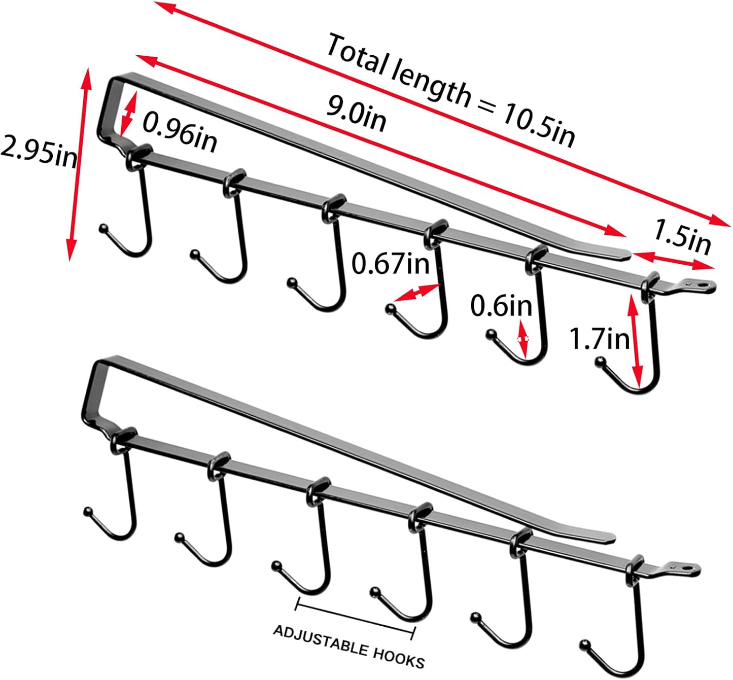 Mug Rack Under Cabinet - Coffee Cup Holder, Each Bracket is Equipped with 6 and Adjustable Position of The Hook, Display Hanging Cups Drying Hook for Bar Kitchen Utensils Black 2 Sets