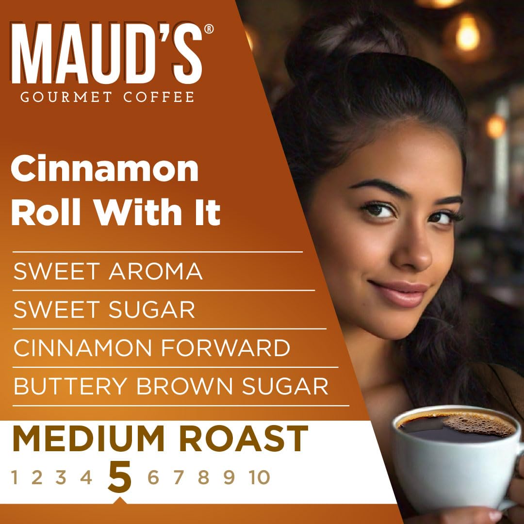 Maud's Cinnamon Roll Flavored Coffee Pods, 18 ct, Medium Roast Flavored Coffee in Recyclable Single Serve Pods – 100% Arabica Beans, Compatible with Keurig K Cups Maker