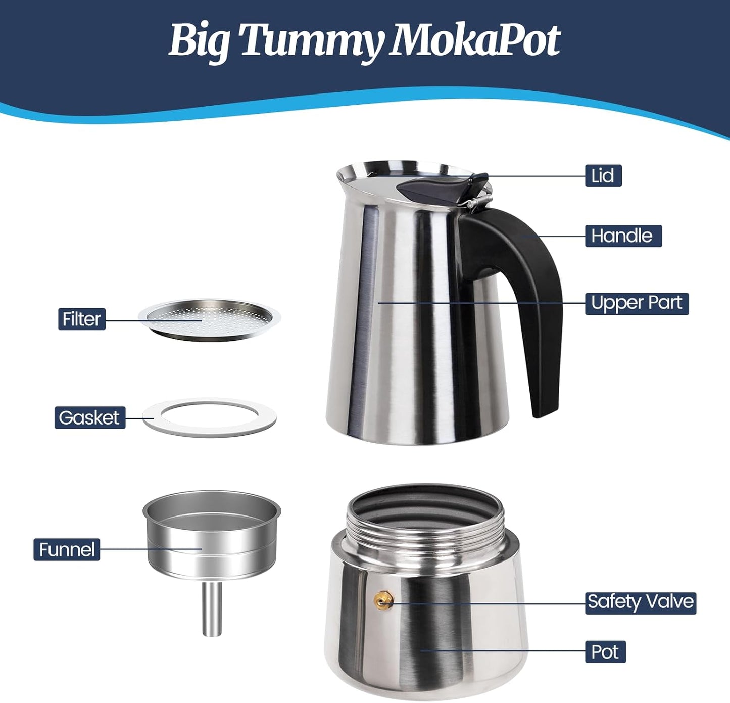 9 Cup Moka Pot Stainless Steel 450ml Italian Espresso Coffee Maker Stovetop Coffee Makers Mocha Pot Percolator Greca Coffee Maker for Induction Stove Portable for Easy Brewing Straight