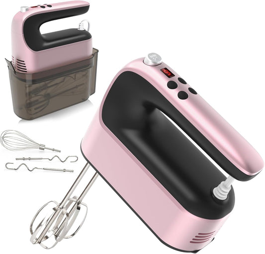 9-Speed Digital Hand Mixer Electric, 400W Powerful DC Motor, Baking Mixer Handheld with Snap-On Storage Case, 5 Stainless Steel Accessories, Flat Beaters, Dough Hooks, Whisk (Rose Gold)