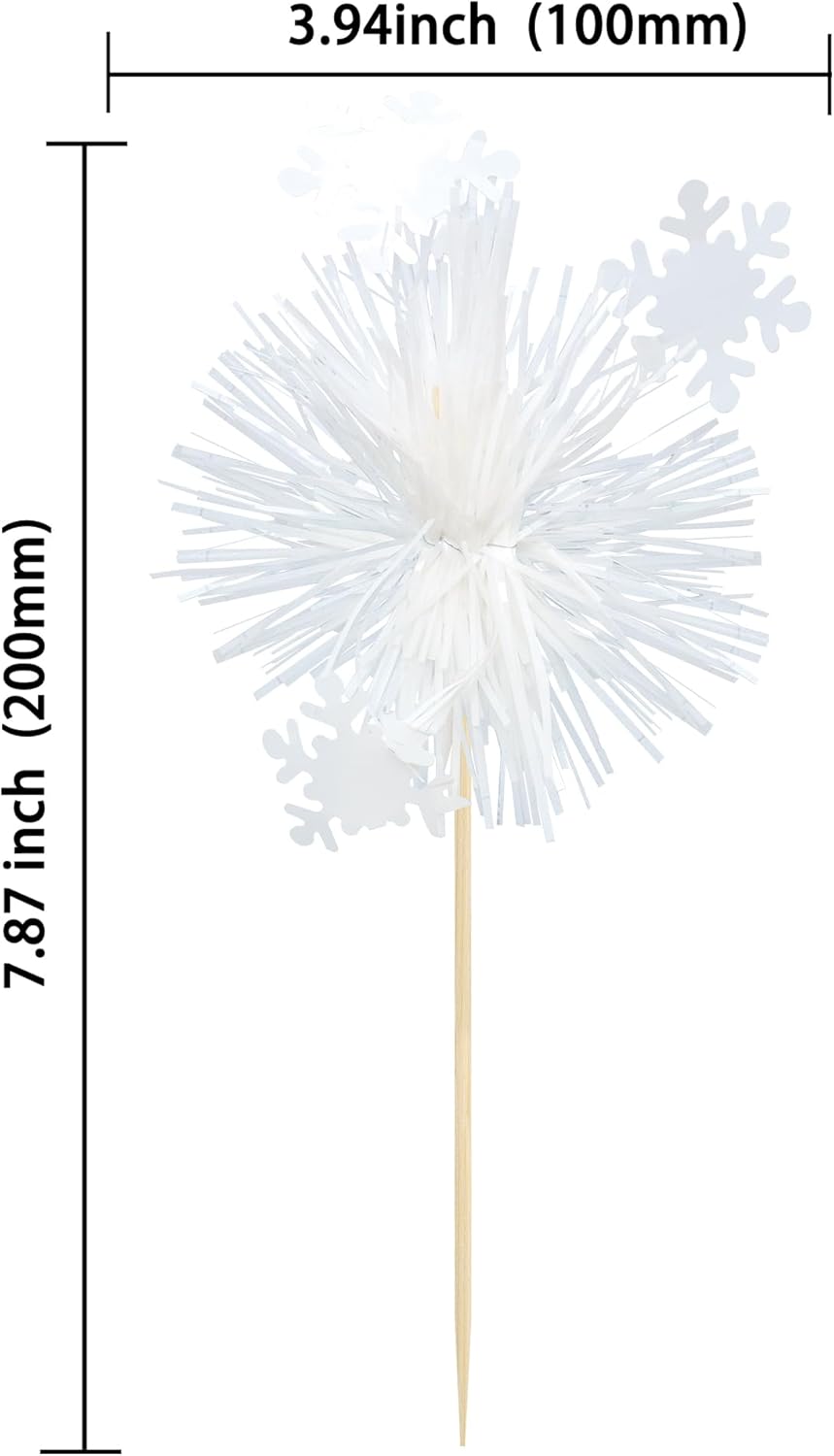 Gyufise 20Pcs Foil Firework Cupcake Toppers Sparkle Tinsel Cake Toppers Tinsel Drink Cake Decoration Cocktail Picks for Birthday Wedding Graduation Party Supplies White