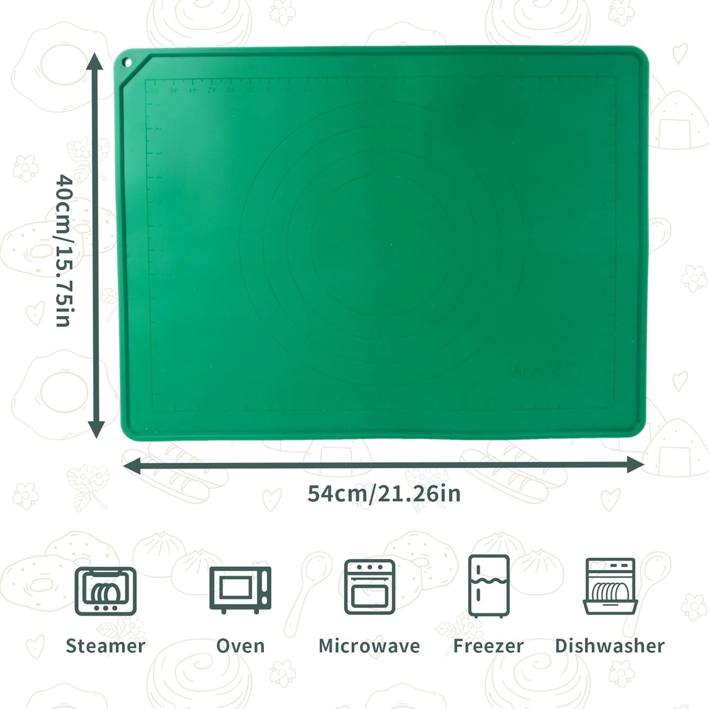 Silicone Pastry Mat, 21×15 inches, nonstick baking mat with measurements. Ideal for dough mat, pastry board, kitchen counter mat, dough rolling mat, pie crust mat, fondant mat, pasta/pizza mat.