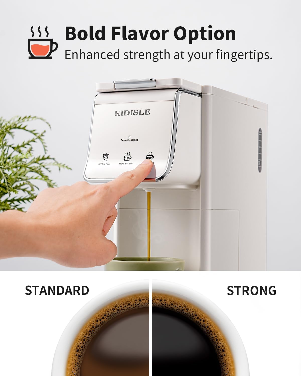 Hot & Iced Coffee Maker for K-Cups & Ground Coffee, Single-Serve Brewer with Bold Setting, Reusable Filter, Travel Mug Friendly, Compact & Quick Brew, White