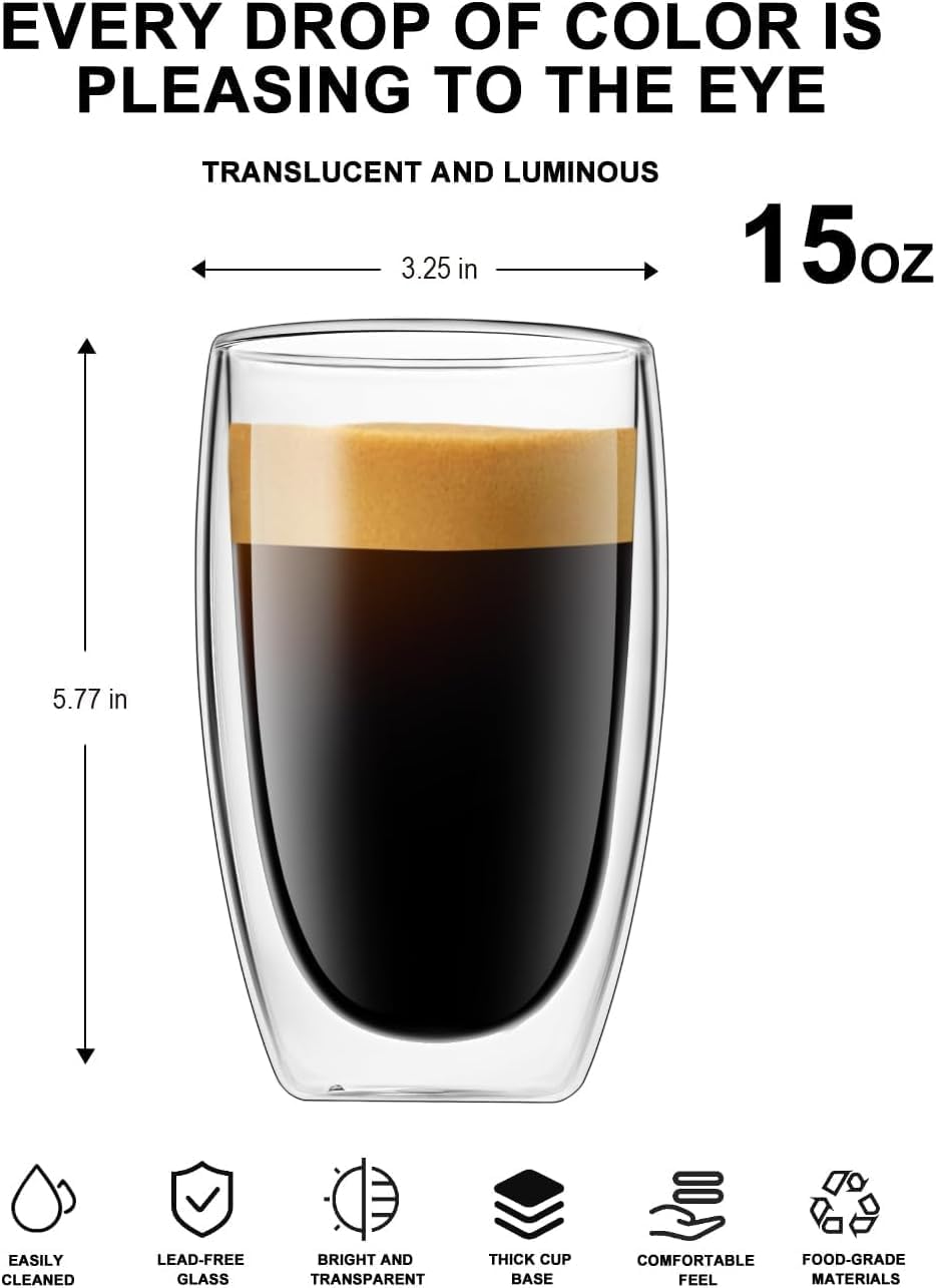 Glass Coffee Mugs Set of 2, Insulated Thermal Cups 15.2oz, Double Wall Clear Glass Coffee Cup for Tea/Juice/Milk, Latte Cappucino Espresso mug Glassware Gift for Christmas Birthday