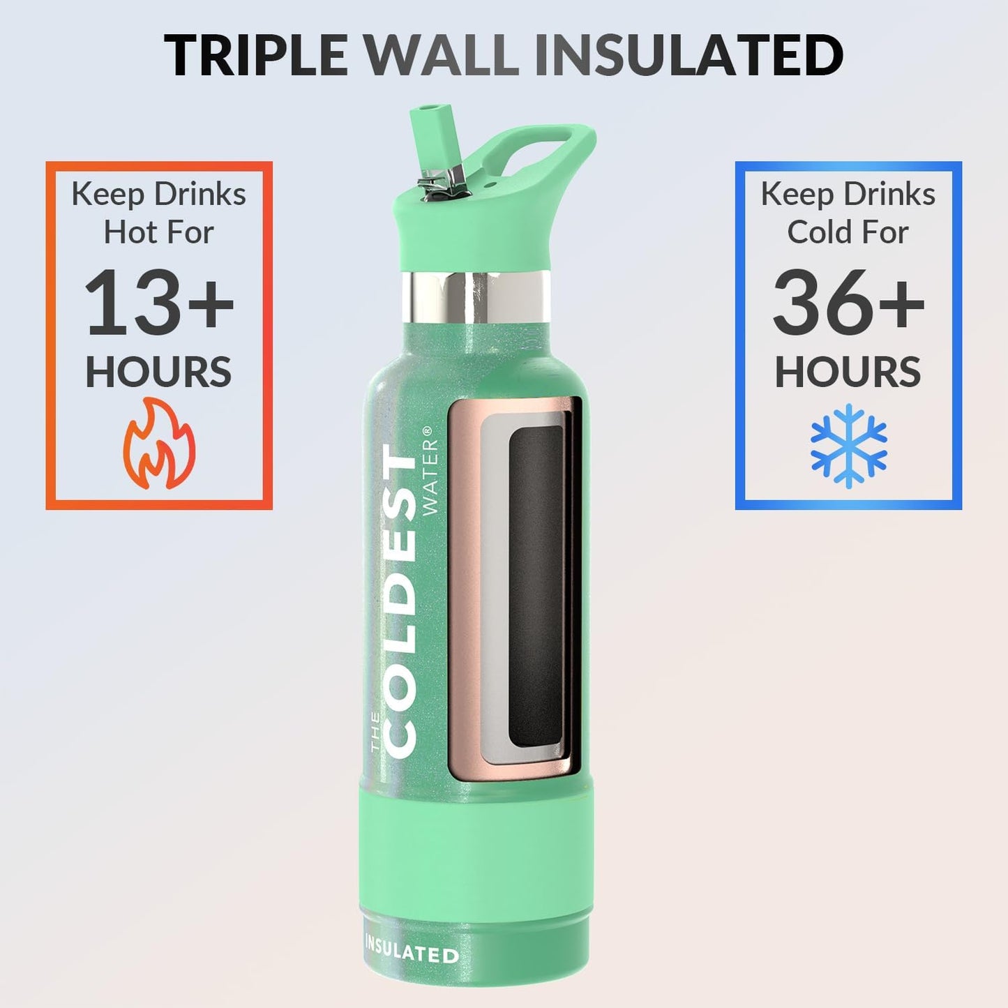 Coldest Insulated Water Bottle with Straw Lid - Stainless Steel Metal Insulated Bottle for Men & Women (Green Aurora Glitter, 21 oz)