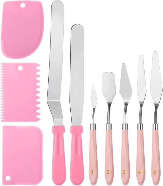 10 Pcs cake spatula set Decorating Kit Baking Supply Accessories Tools for Beginners and Pros Includes 2 Frosting Straight Angled Spatula 3 Icing Smoother Scrapers 5 Pieces Cream tools(Pink)