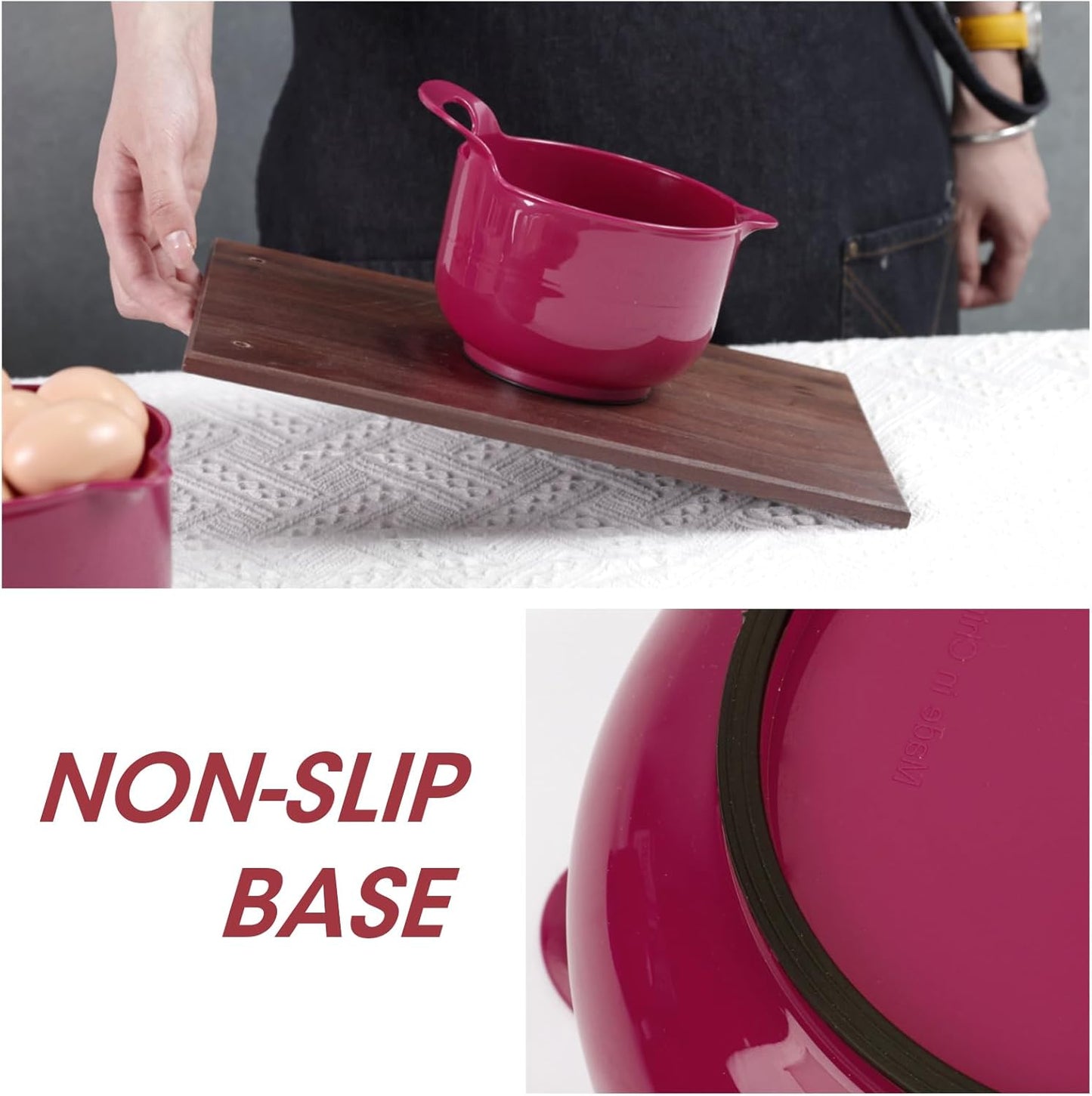 BoxedHome 4 Pack Nesting Mixing Bowl Set with Pour Spout and Handle, Non-Slip Bottom, BPA free Microwave & Dishwasher Safe(Deep Carmine)