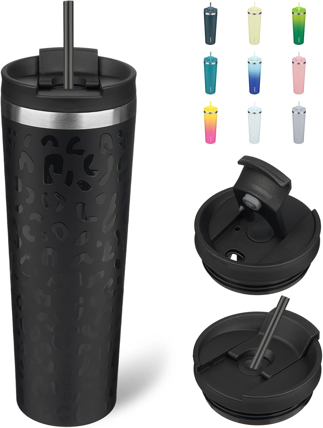 BJPKPK 30oz Insulated Tumbler With lid And Straw Stainless Steel Tumblers Travel Coffee Mug Reusable Thermal Cup,Black Leopard