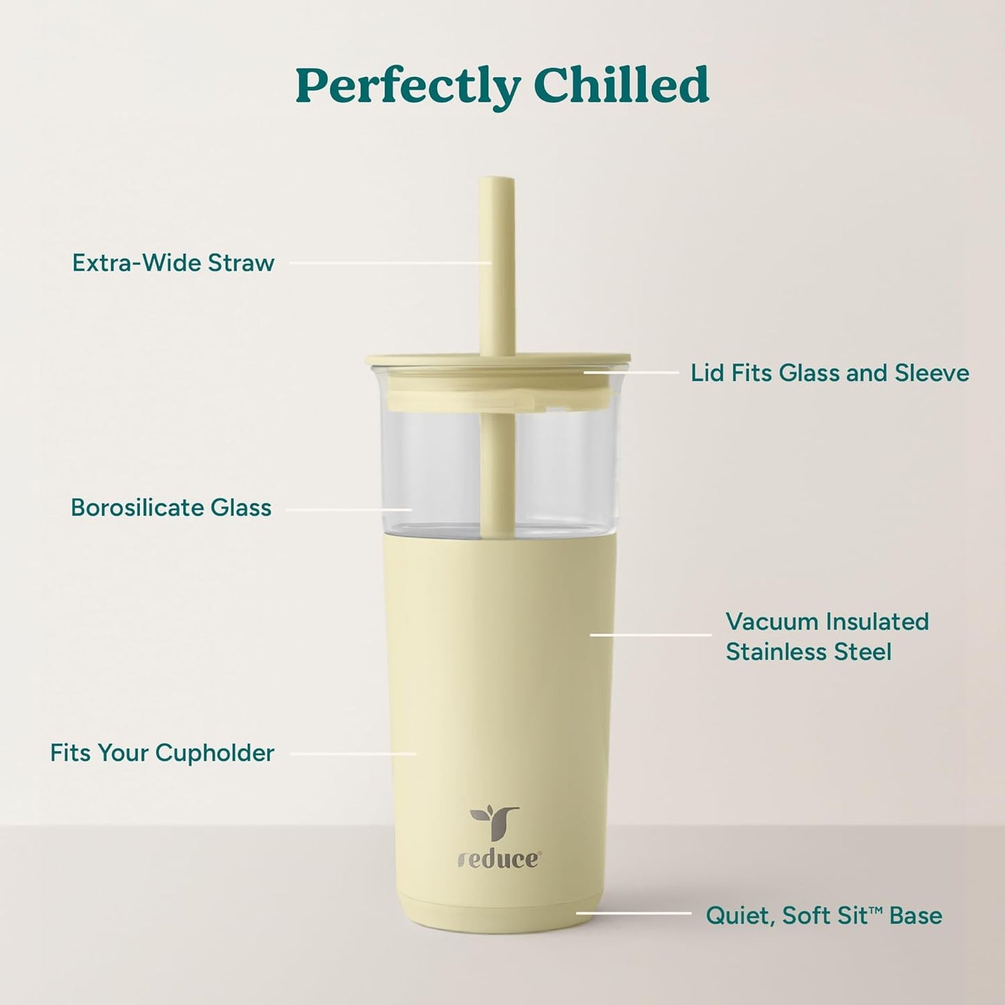 REDUCE Aspen 20 oz Vacuum Insulated Glass Tumbler with Lid & Extra Wide Straw - Keeps Drinks Cold for 12 Hrs - Ideal for Iced Coffee, Smoothies & Boba - Dishwasher Safe, Soft Base - French Vanilla