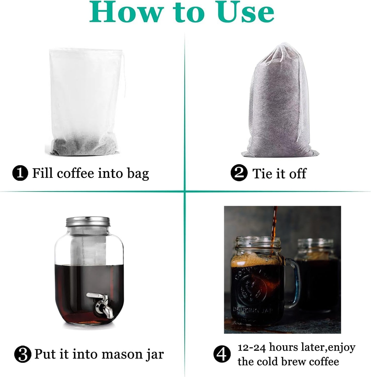 Yzurbu 100pcs 8''x12'' Cold Brew Coffee Bags, No Mess Disposable Filter Bag with Drawstring for Coffee Grounds & Ice Tea