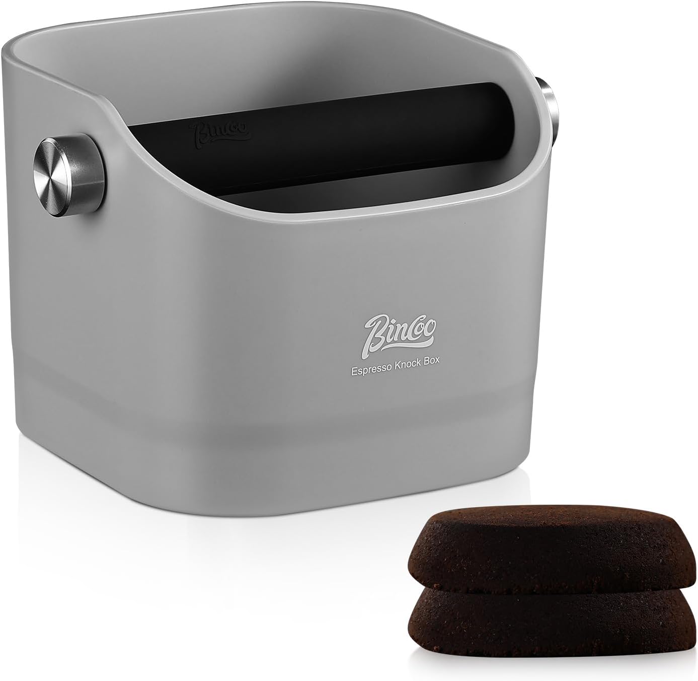 Bincoo Square Coffee Knock Box 0.8L –ABS Espresso Knock Bin with Non-Slip Base, Wide 4.6" Slanted Opening & Detachable Silicone Knock Bar for Easy Cleaning and Quiet Use(Gray(square))