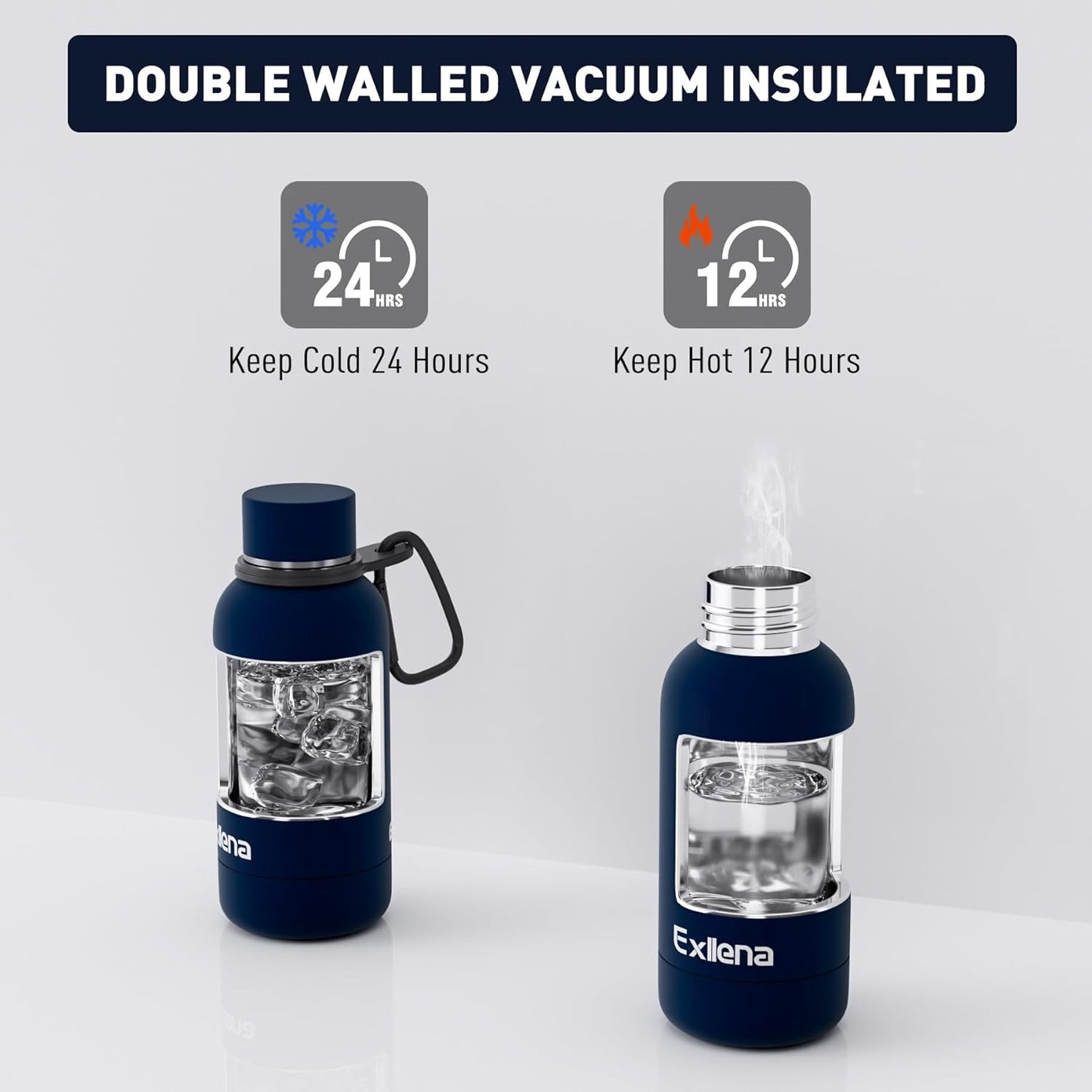 Small Water Bottle 12oz with Clip, Double Wall Stainless Steel Vacuum Small Insulated Water Bottle Keeps Drinks Cold 24 Hrs/Hot 12 Hrs for Kids Handbag School BPA Free (Navy Blue)