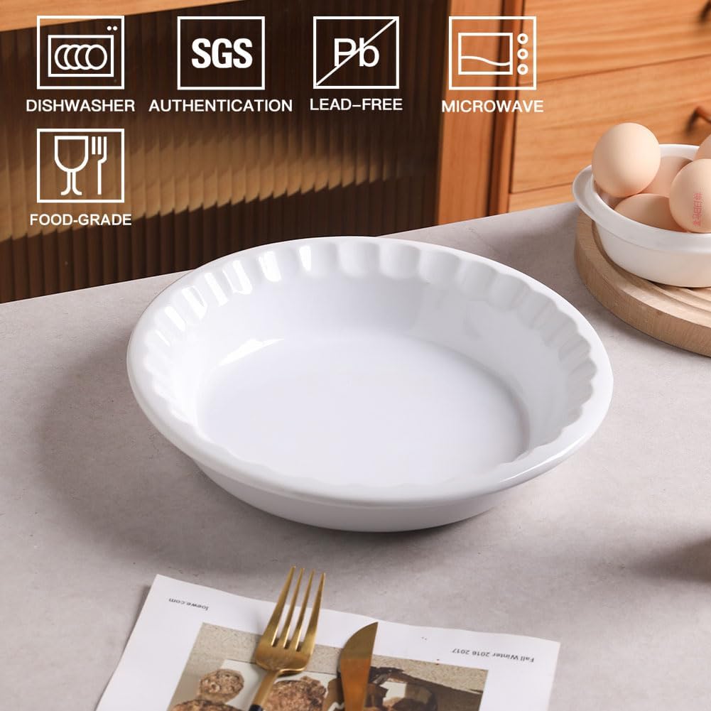 Sweejar Ceramic 10.4 Inch Pie Pan, Deep Porcelain Round Dish, Non-Stick Baking Plate for Pumpkin and Apple Pies, Farmhouse Design (White)