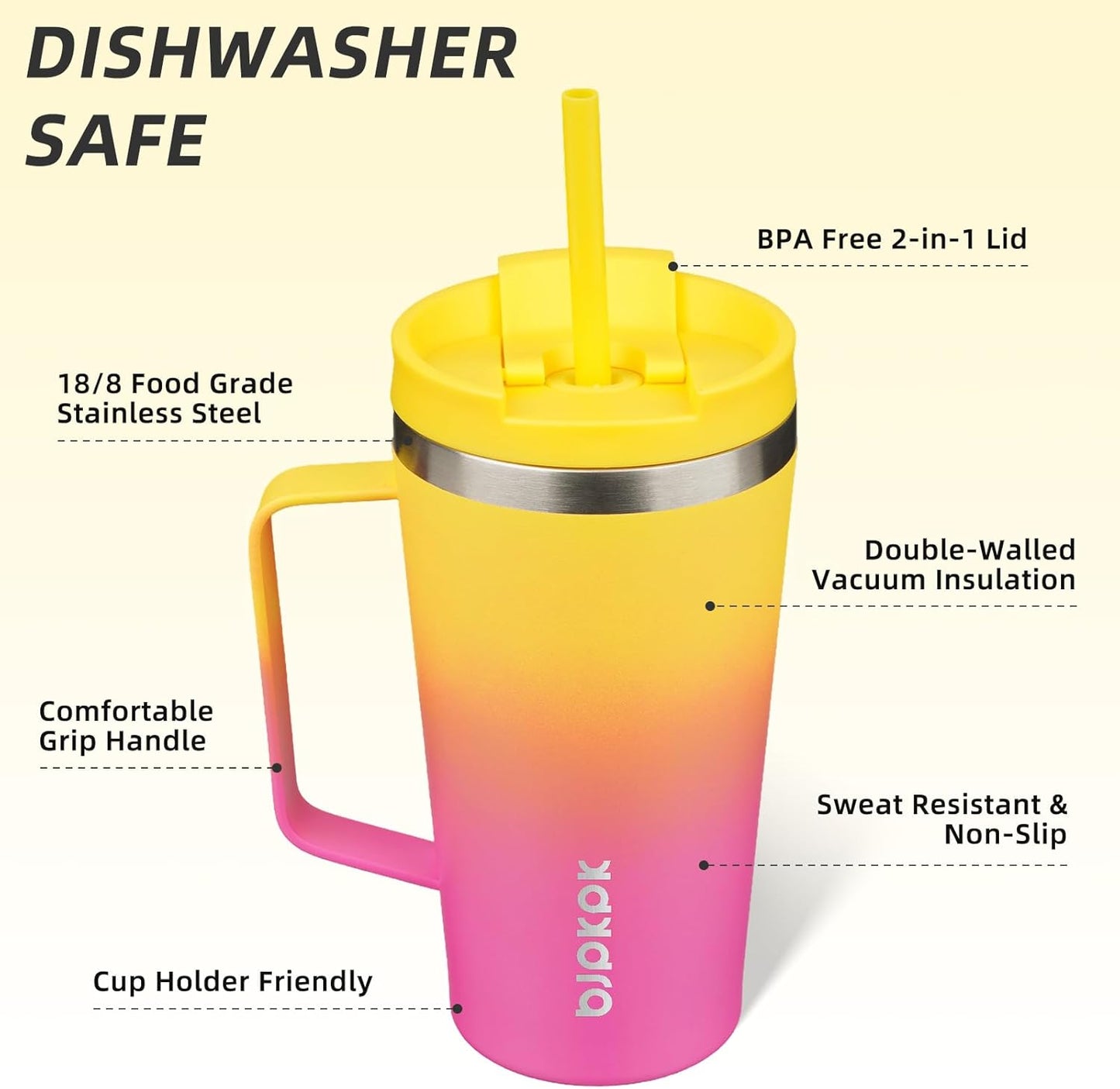 BJPKPK Insulated Tumbler with Handle, 18oz Insulated Tumblers with Lid and Straw, Stainless Steel Metal Water Bottles, Coffee Travel Mugs, Cups, Pink & Yellow Rose