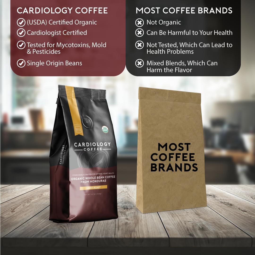 Cardiology Coffee – Whole Bean Coffee – USDA Certified Mold-Free 12oz Premium Light Roast Organic Coffee Beans with Antioxidant Benefits – Perfect for Heart Healthy Lifestyle