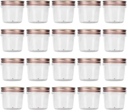 novelinks 4 oz Clear Plastic Jars with Rose Gold Lids – Small Round Refillable Storage Containers for Spices, Food, Crafts, and DIY Gifts – BPA-Free, Leakproof, 20 Pack