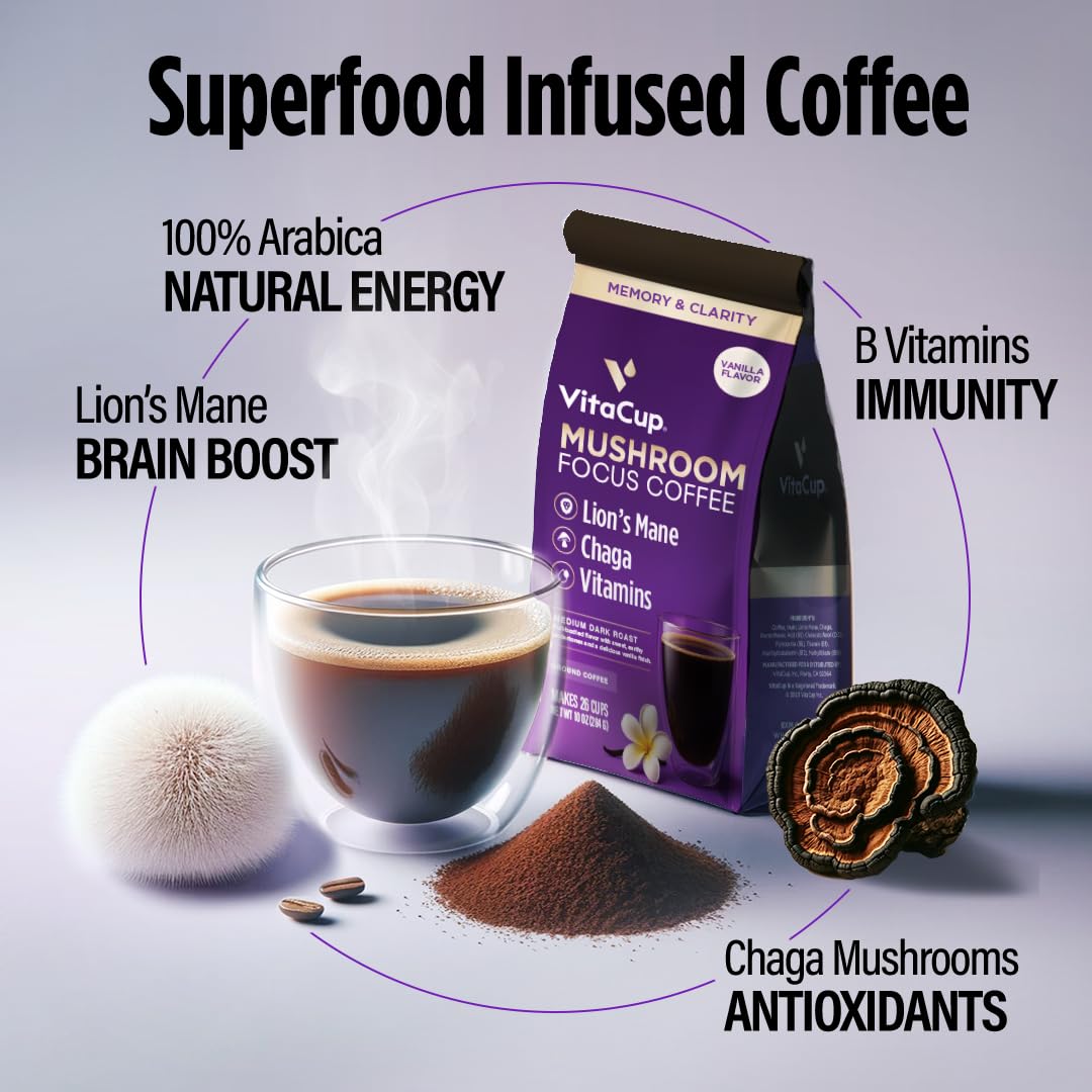 VitaCup Focus Mushroom Coffee Grounds, Vanilla Flavored Coffee with Lions Mane, Chaga, B Vitamins, D3, Boost Focus, Immunity, Memory & Clarity, Medium Dark Roast, 100% Arabica Specialty, 10oz