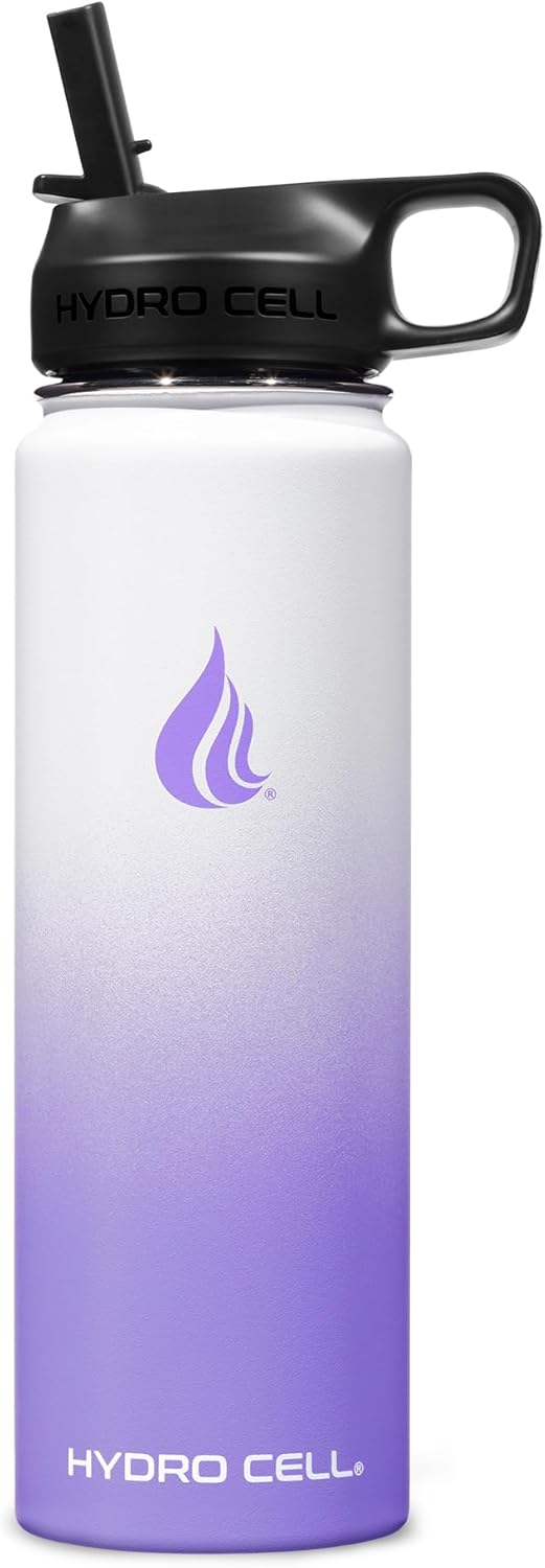 HYDRO CELL Stainless Steel Insulated Water Bottle with Straw - For Cold & Hot Drinks - Metal Vacuum Flask with Screw Cap and Modern Leakproof Sport Thermos for Adults (Lavender/White 24oz)