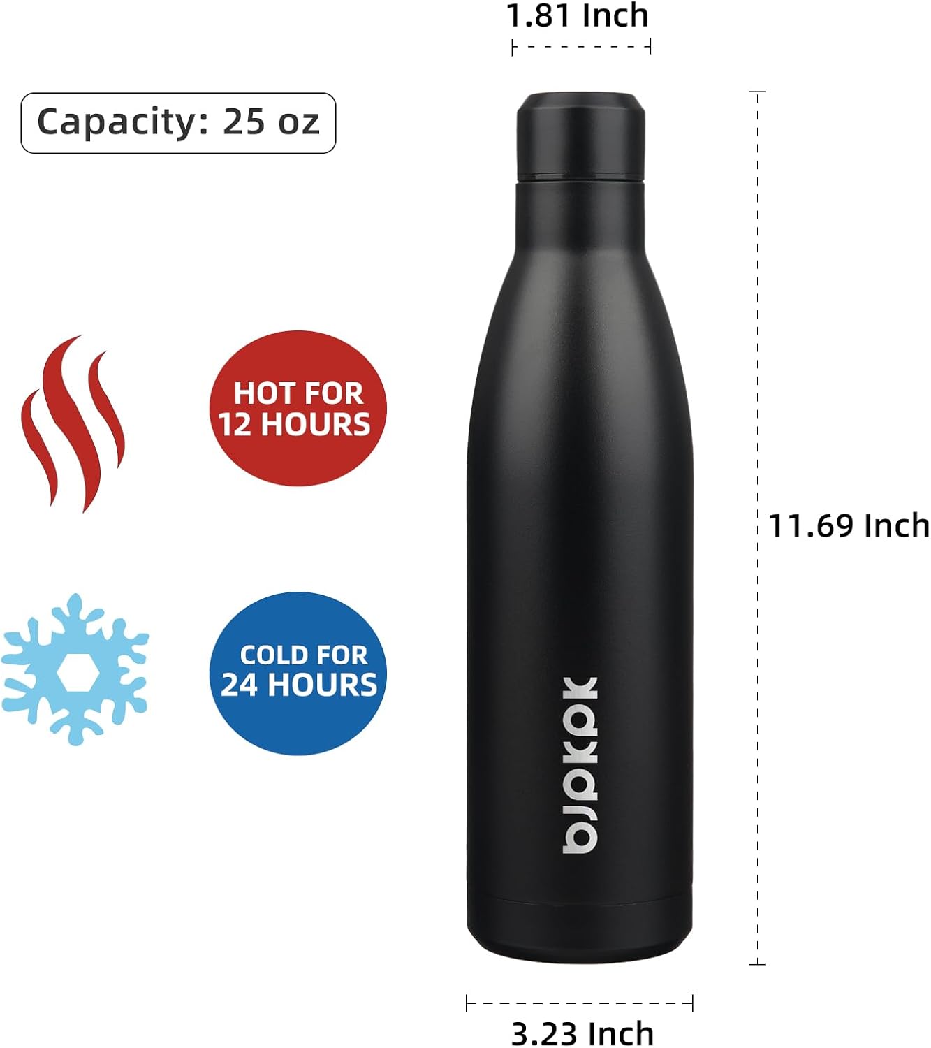 BJPKPK 25oz Insulated Water Bottle Double Wall Vacuum Insulated Stainless Steel Water Bottles for Spots Keep Cold and Hot,Midnight Black