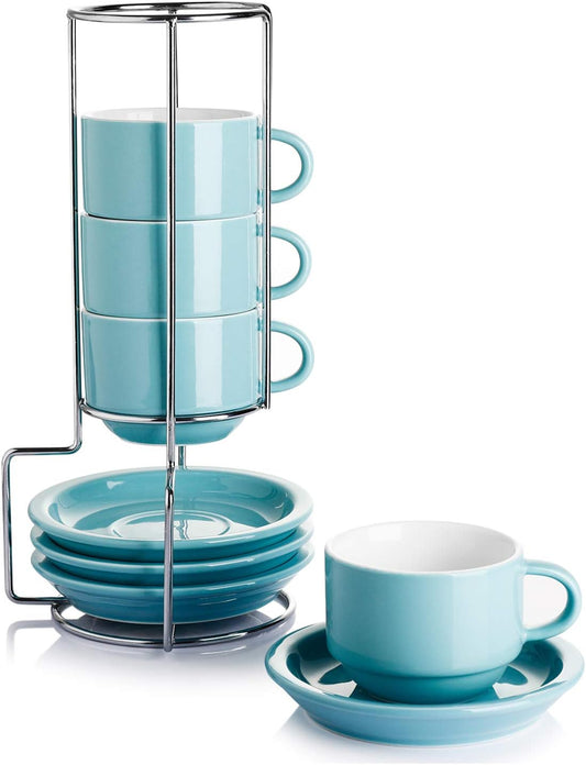 Sweese 2.5 Ounce Porcelain Stackable Espresso Cups with Saucers and Metal Stand Set of 4, Turquoise