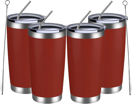 MEWAY 20oz Tumbler 4 Pack Double Wall Vacuum Insulated Travel Mug Bulk, Stainless Steel Tumblers with Lid and Straw, Powder Coated Coffee Cups for Cold & Hot Drinks (Red, Set of 4)