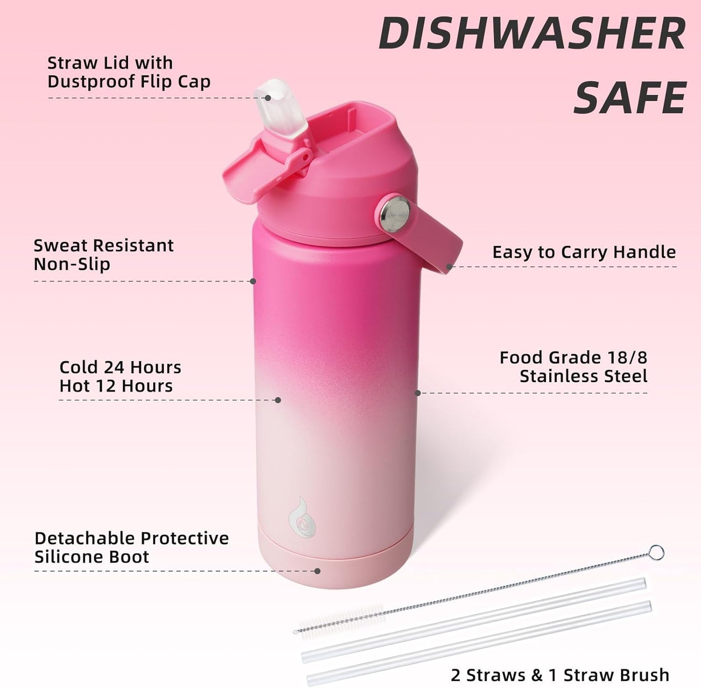 BJPKPK Insulated Water Bottle with Straw Lid, 18oz Thermos Water Bottles with Soft Nozzle, Flex Handle & Non-slip Boot, BPA Free Leak Proof Stainless Steel Metal Thermos, Tumblers, Cups,Cherry