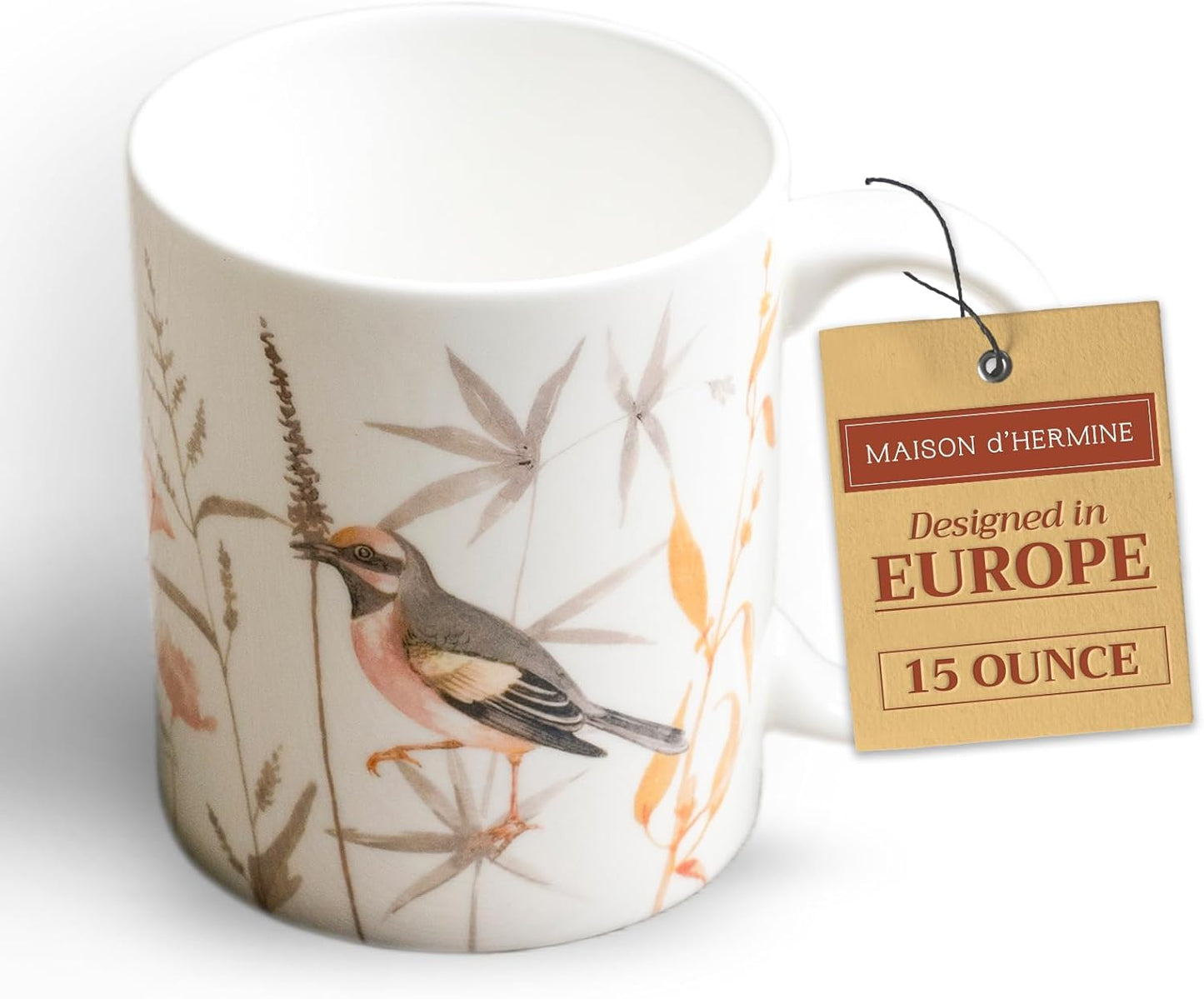 Maison d' Hermine Coffee Mug with Handles Fine Bone China Mugs Pack of One Tea Cups for Hot Beverages Cappuccino Latte Home Office Perfect for Gift (Meadow Florals - Beige Meadow Sunrise, 15 Ounce)