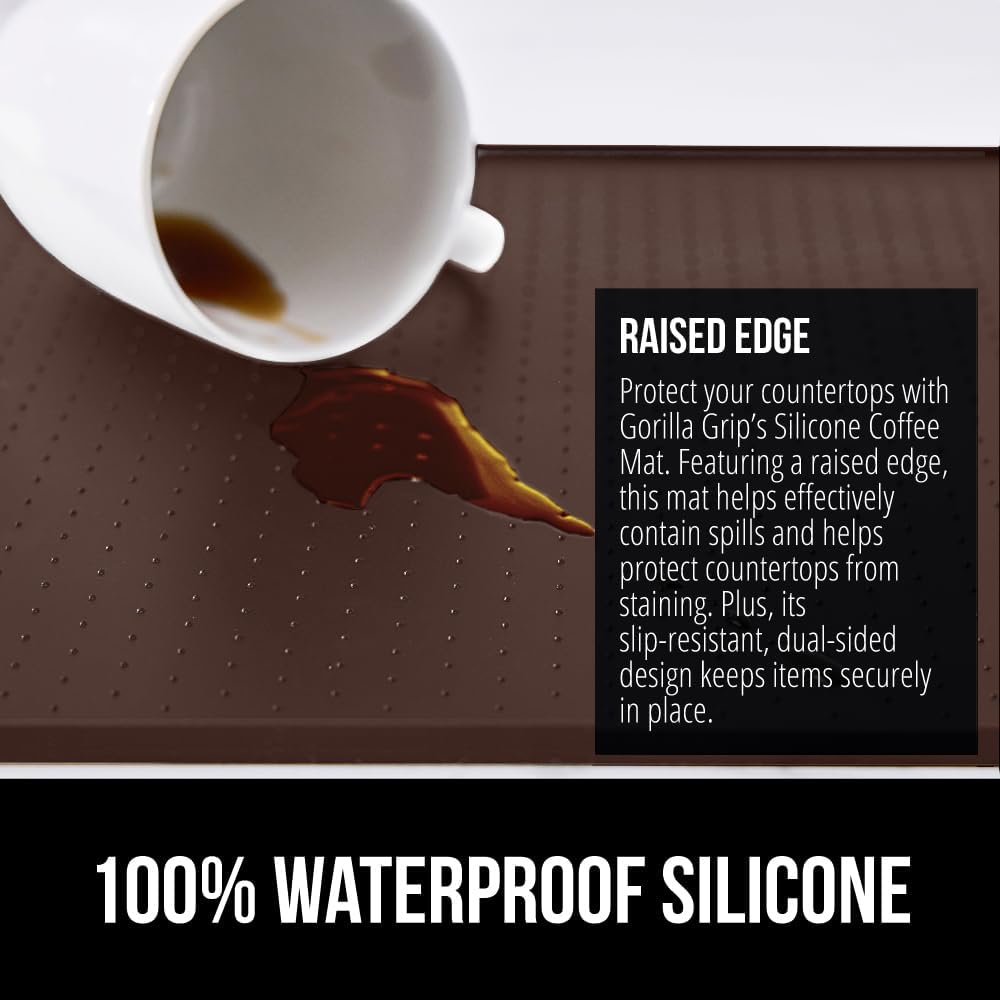 GORILLA GRIP Silicone Coffee Mat, 15x23, Espresso Drink Bar Station Accessories, Waterproof Heat-Resistant Dish Drying Mats, Stay in Place on Kitchen Counter, Home Kitchen Decor Essentials, Brown