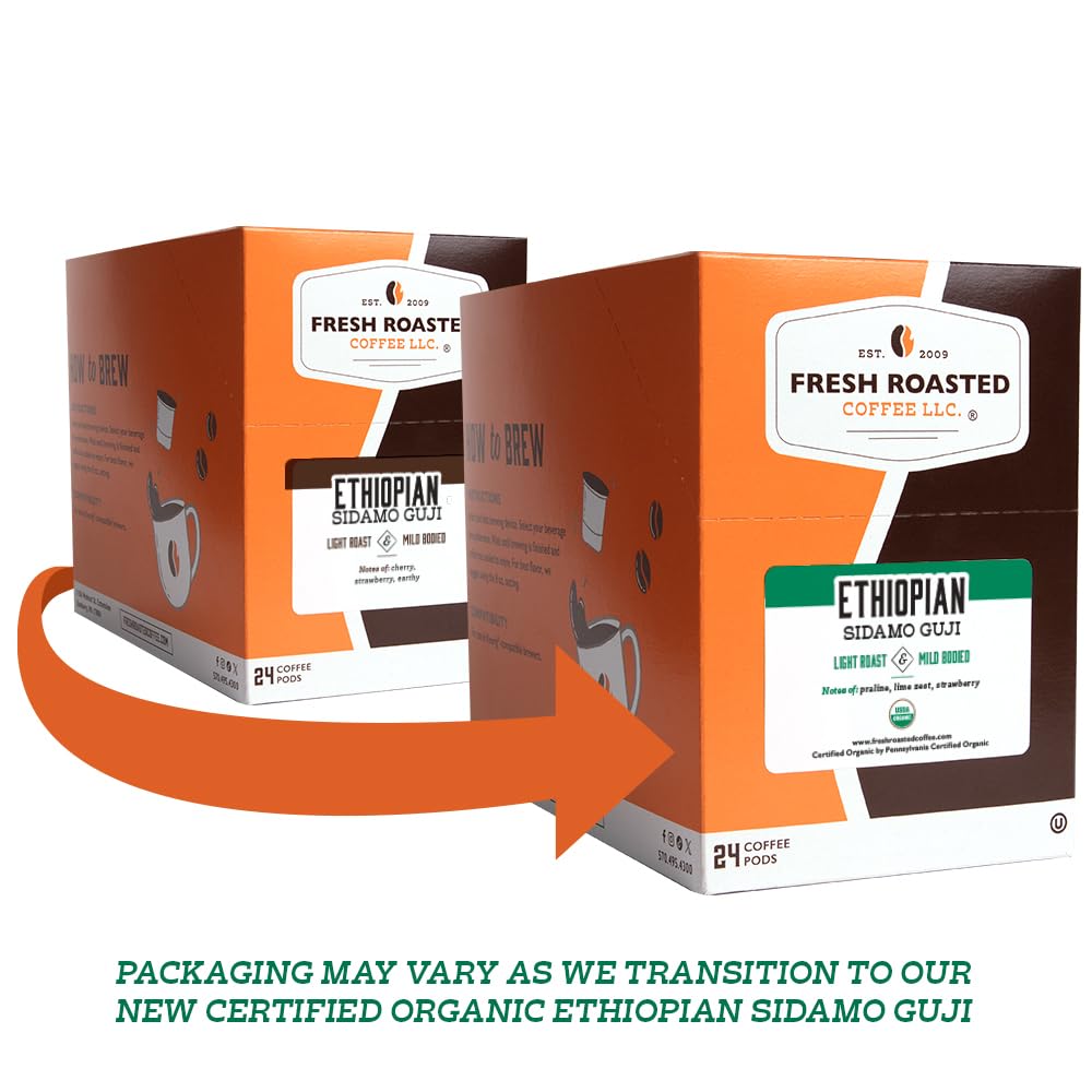 Fresh Roasted Coffee, Organic Ethiopian Sidamo Natural | USDA Organic, 100% Single Origin, Kosher | Light Roast 72 Pods for K Cup Brewers