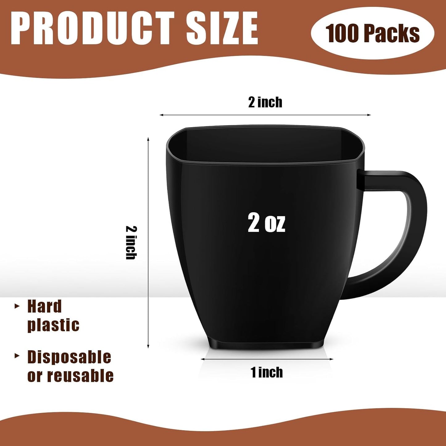 Amyhill 100 Pcs Disposable Tea Cups Mini Plastic Tea Cup Bulk with Handle Hard Plastic Coffee Mug Disposable Square Espresso Mug for Party Catering (Black)