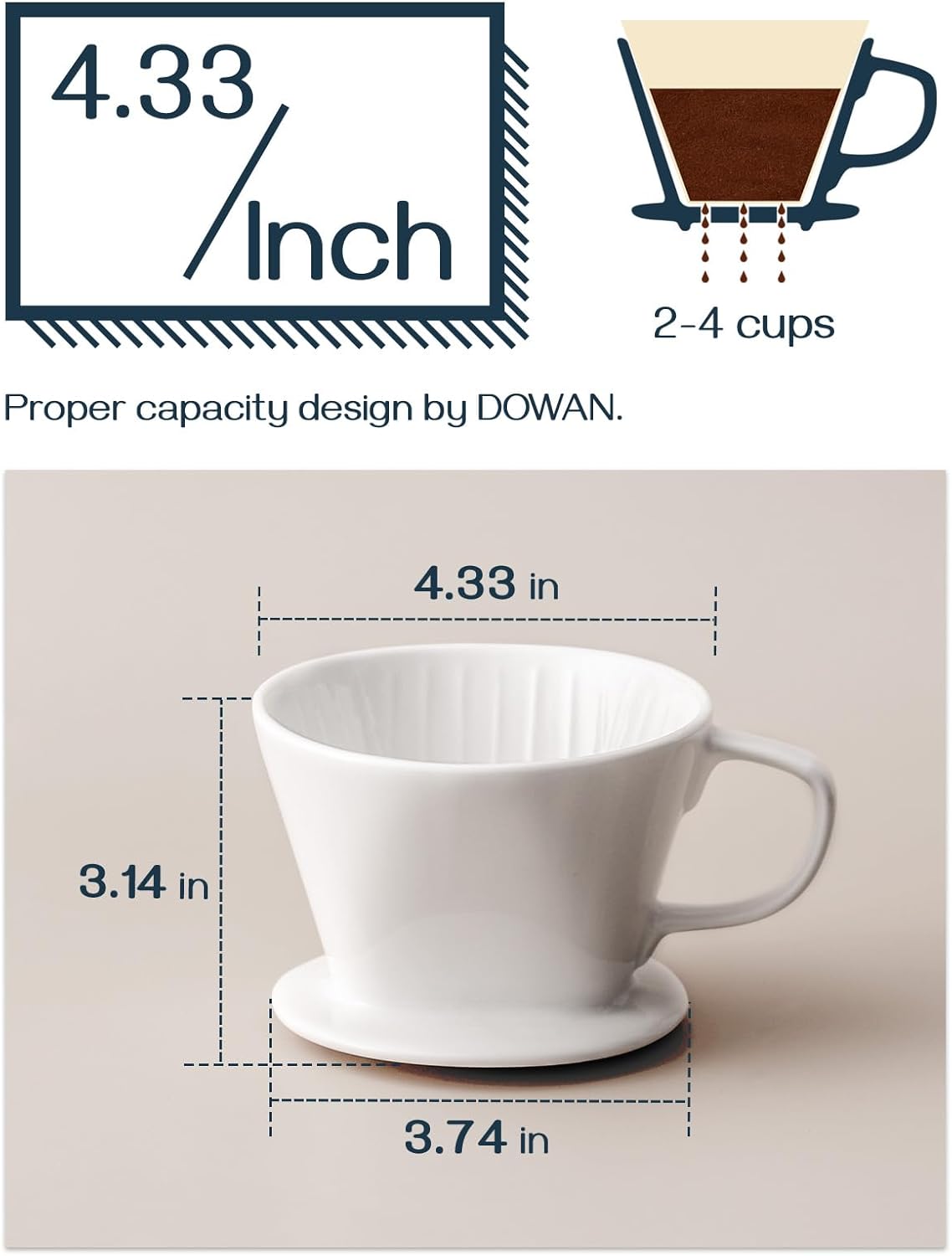 DOWAN Pour Over Coffee Maker, Non-Electric Pour Over Coffee Dripper, Manual Brew Maker, Single Cups Porcelain Slow Brewing Accessories for Gifts,White