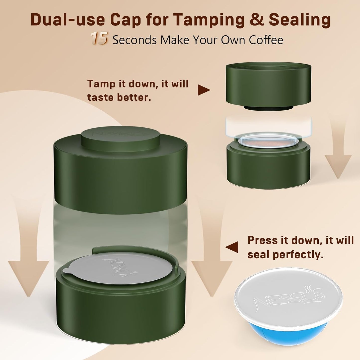 Nessus Reusable Vertuo Capsule Kit, [ALSeal EZ FIT] for Refillable Pods with 100 Pcs Aluminum Foil Seal Lids, Holder, Brush, for Refilling Vertuo Pods Reusable Vertuoline Pod(Green)