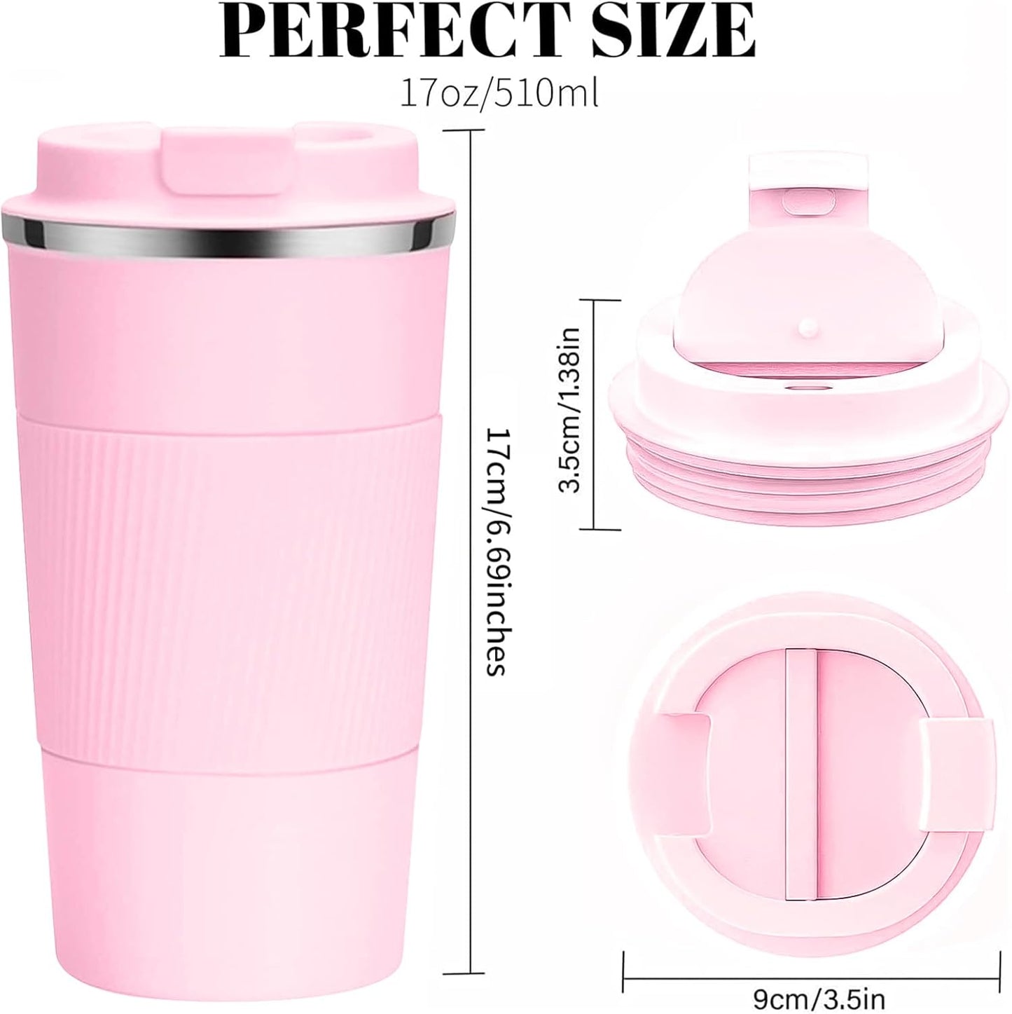 YINBAOGE Insulated Travel Coffee Mug Spill Proof Leak Proof Pobtable To Go Camping Stainless Steel Coffee Tumbler Reusable Coffee Cups with Lids Thermos for Hot and Cold Drink (Pink, 17 OZ)