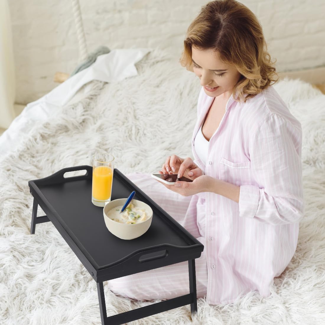 Multi-Purpose Bamboo Wood Lap Desk - Folding Legs, Breakfast Food Tray, Serving Dinner Tea TV Tray - Lightweight, Minimalist Black