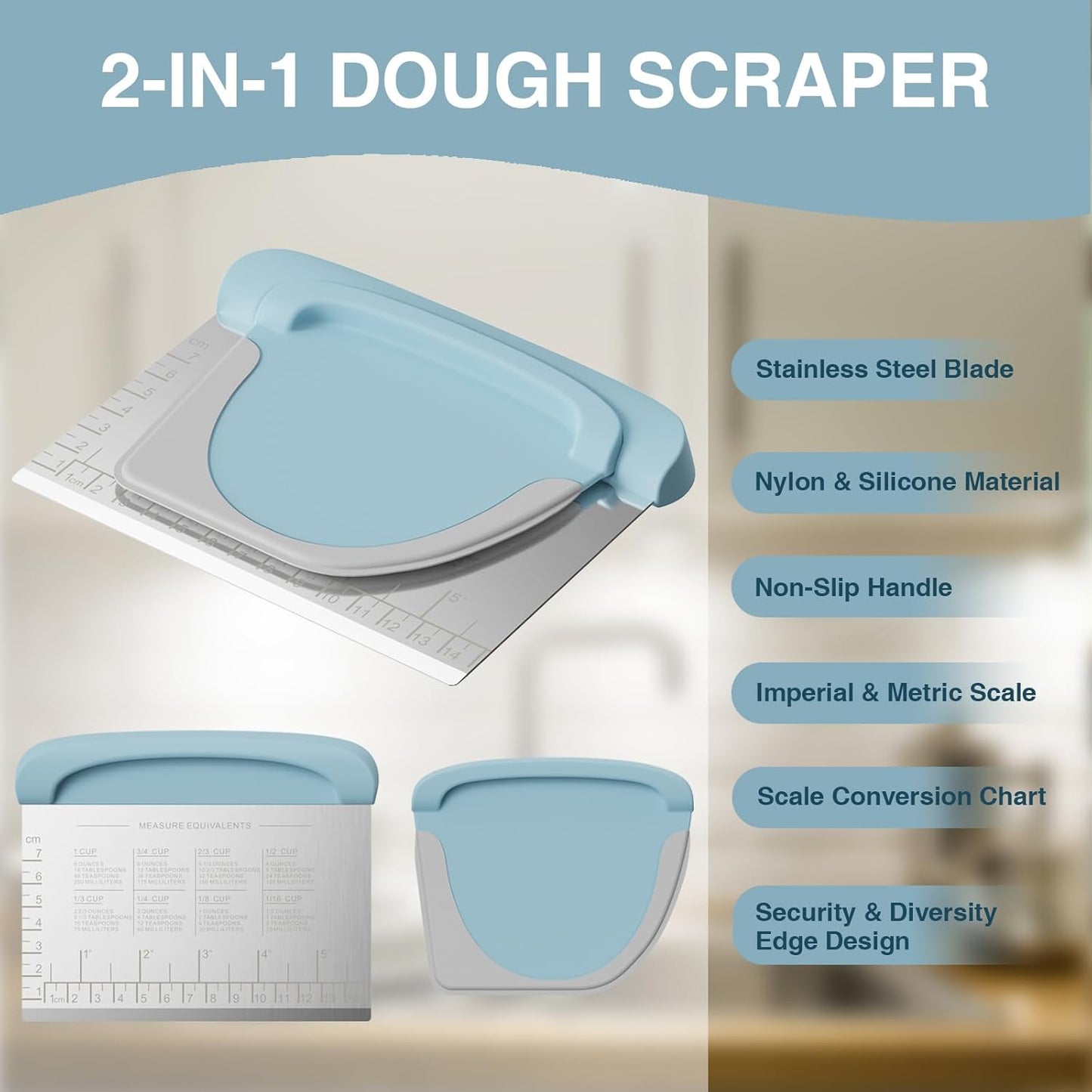 Bench Scraper Dough Cutter Tool - Bowl Pastry Scraper for Bread Cake Pizza, Bench Knife Kitchen Dough Scraper for Baking, Stainless Steel Food Scraper with Grip Handles & Measuring Scal, Blue