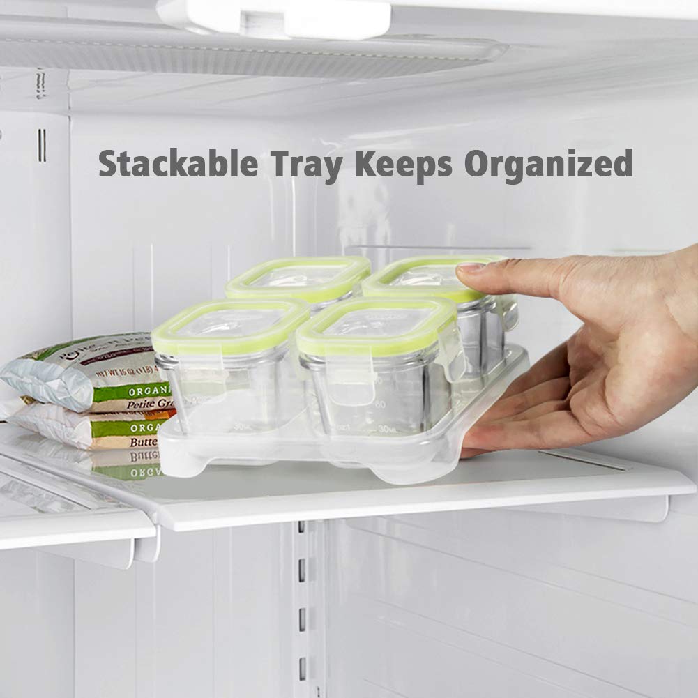 Matyz 4-Pack Baby Glass Jars For Food Storage with Lids Airtight and Stackable Tray (Mint Green, 4 OZ Each) - Small Solid Food Storage Containers For Baby On The Go - Freezer Microwave Oven Safe