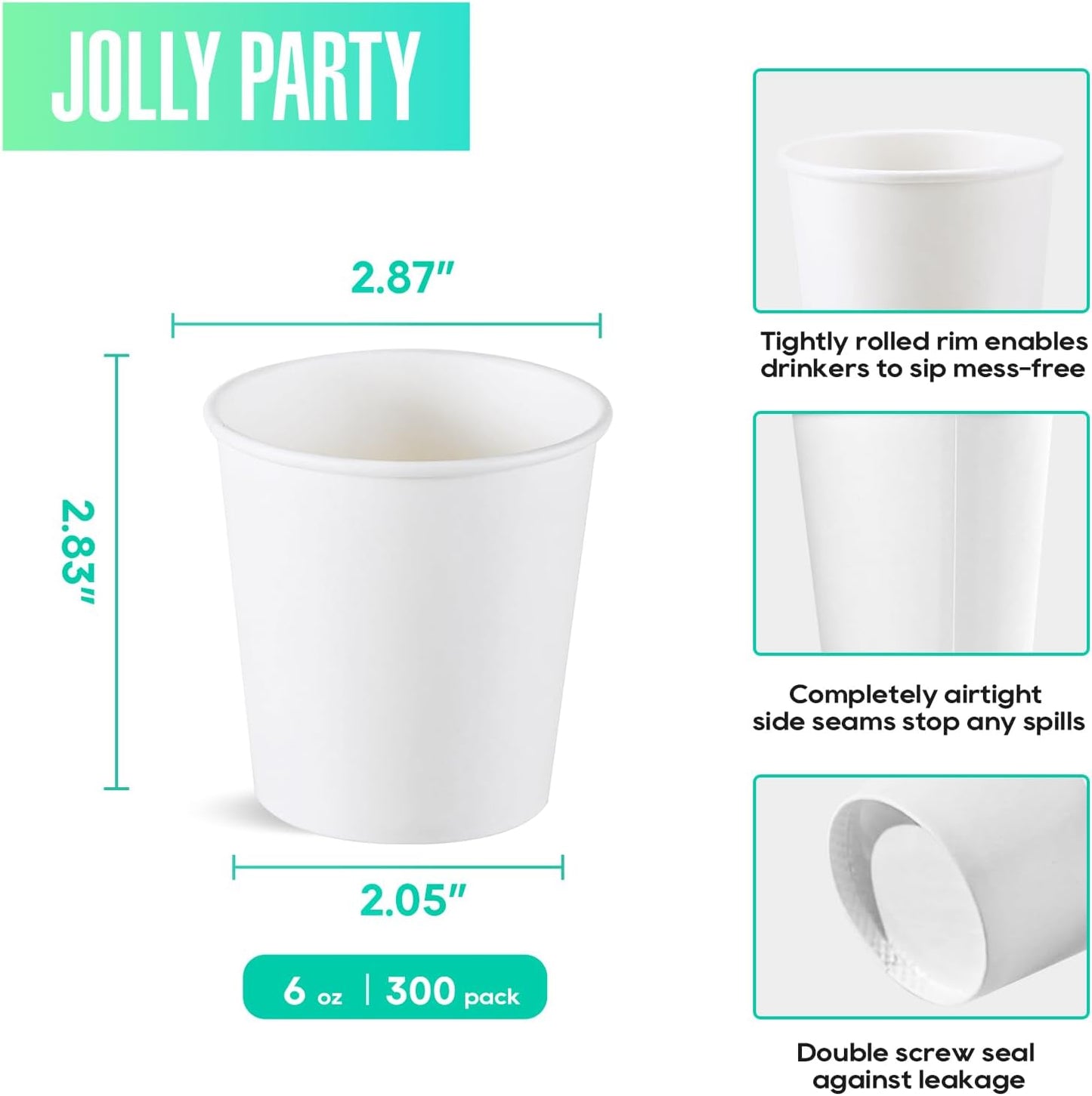 JOLLY PARTY 300 Pack 6 oz Disposable Paper Coffee Cup, Hot/Cold Beverage Drinking Cups for Water, White Paper Hot Coffee Cups