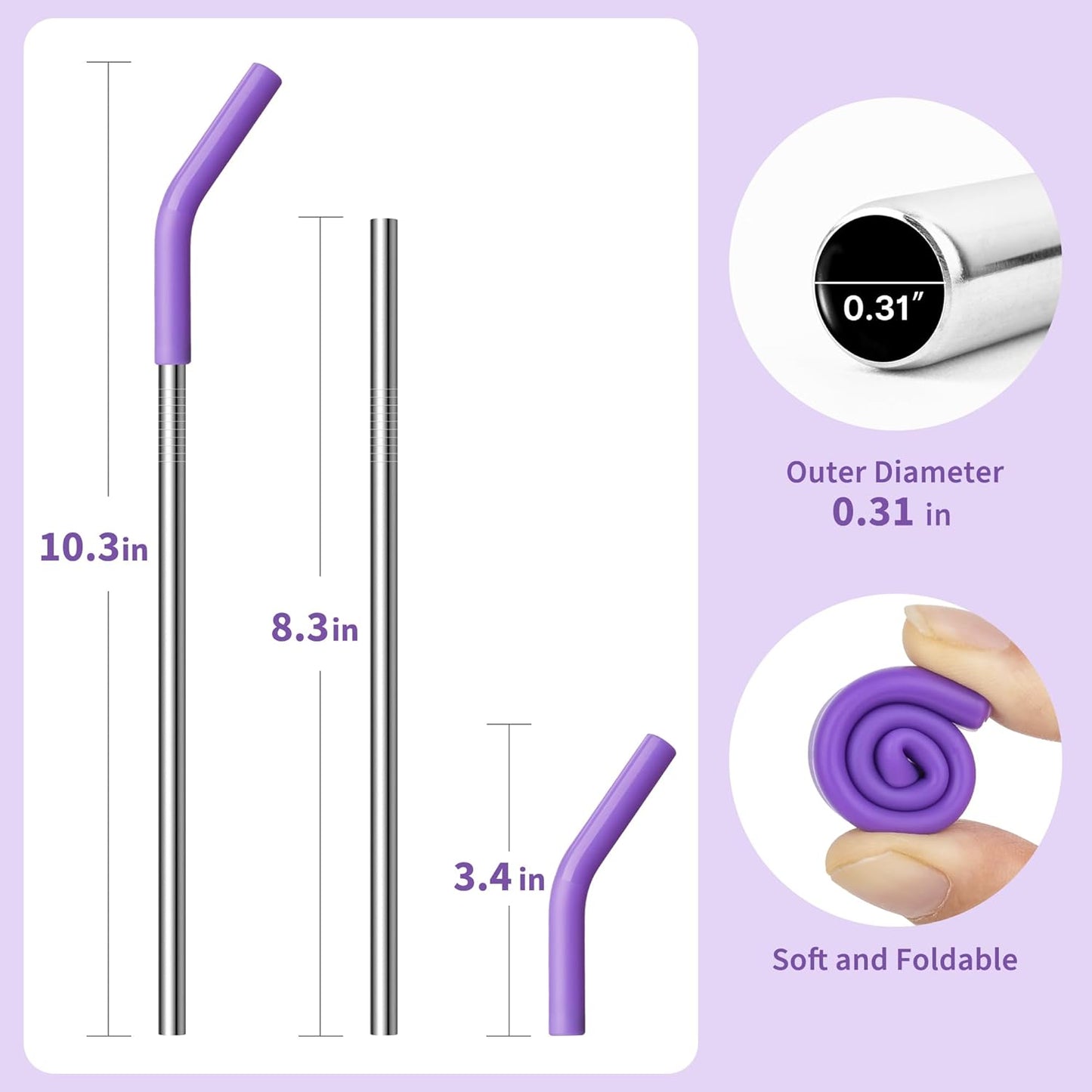 Stainless Steel Straws for 20 oz Yeti Tumbler, 5 Pcs Metal Straws Reusable with Silicone Tip for 20 oz Stanley Cup and 16 oz Glass Tumbler, Cleaning Brush, 1 Portable Bag