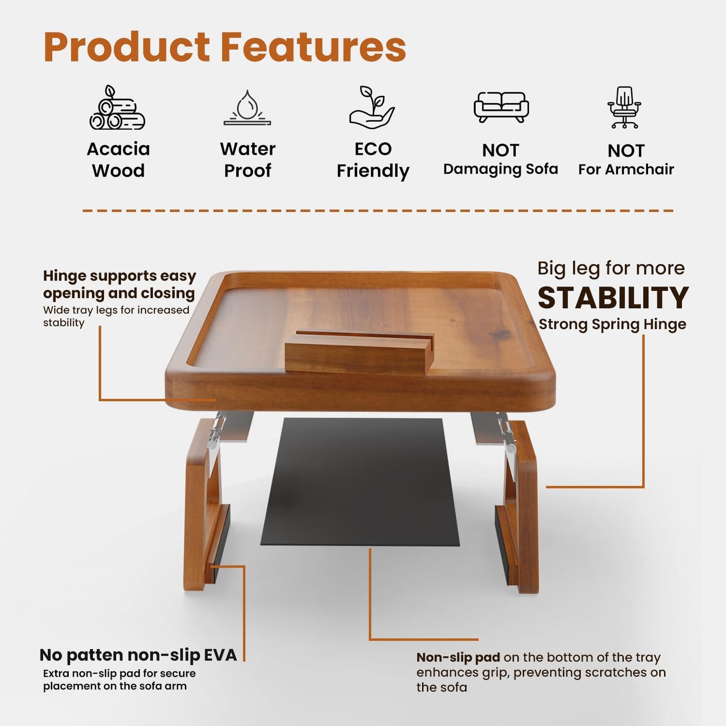 Tinamo 15.7" x 11" Large Couch Arm Table with 360 Rotating Phone Holder - Sofa Arm Clip Table for Living Room - Sofa Armrest Tray Wide Couches - Wooden Side Tables for Eating and Drink (Acacia Wood)