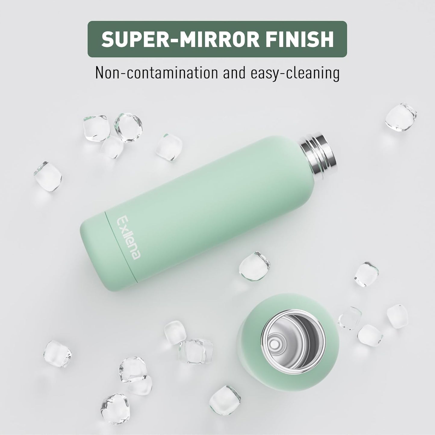 Slim Insulated Water Bottles for Travel 18oz with Clip, Double Wall Vacuum Stainless Steel Water Bottle Keeps Drinks Cold 24 Hrs/Hot 12 Hrs, 100% Leakproof, BPA Free(Mint)