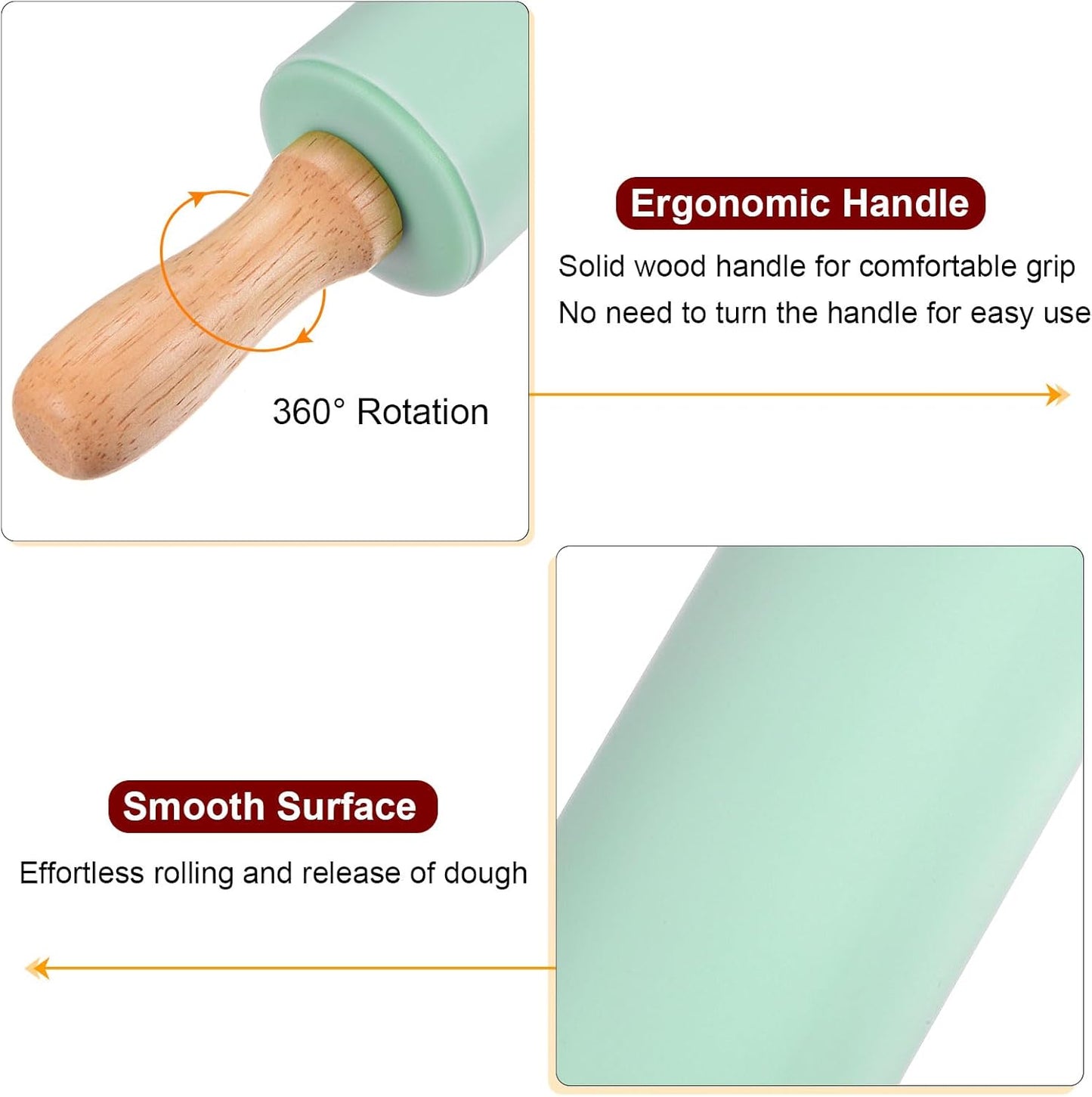 HARFINGTON Silicone Rolling Pins for Baking 9.25 Inch Non-Stick Silicone Surface Wooden Handle Rolling Pin Small Roller Playdough Rolling Pins for Fondant Kitchen Dough Pizza, Green