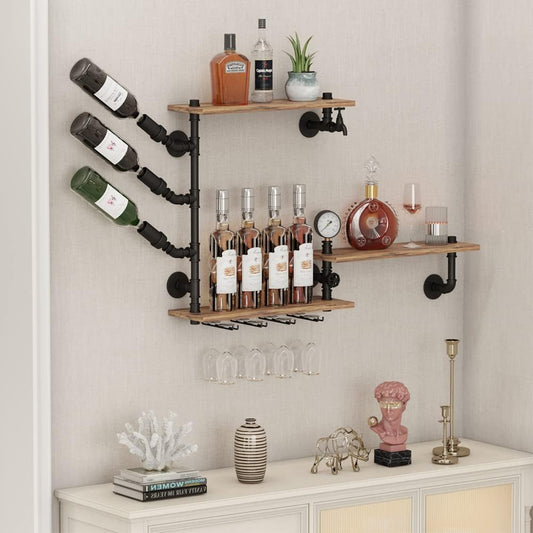 3 Tier Industrial Wall Wine Rack, 46in Floating Bar Liquor Shelves with 4 Stem Glass Holder, Pipe Shelf Shelving Wine Glass Rack, Wine Rack Wall Mounted Living Room Kitchen Decor, Black