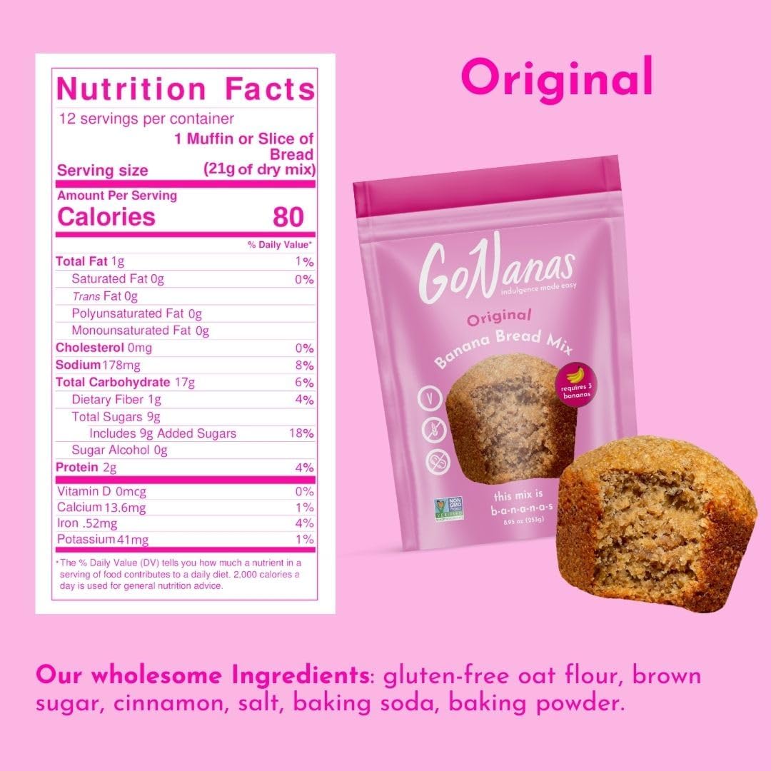 GoNanas Original Oat Flour Banana Bread Mix, Suitable for Plant Based Vegan Diets, Gluten Free Dairy Free Snacks, Healthy Snacks For Adults, Muffin Mix, Nut Free, Cupcakes Dessert, NON-GMO, 4pk