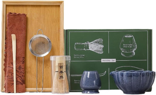 6-Piece Matcha Whisk Set, Japanese Bamboo Chasen, Scoop & Sifter, Traditional Ceremonial Kit with Ceramic Bowl, Whisk Holder Stand, Chakin Cloth (Ceramic glaze blue)