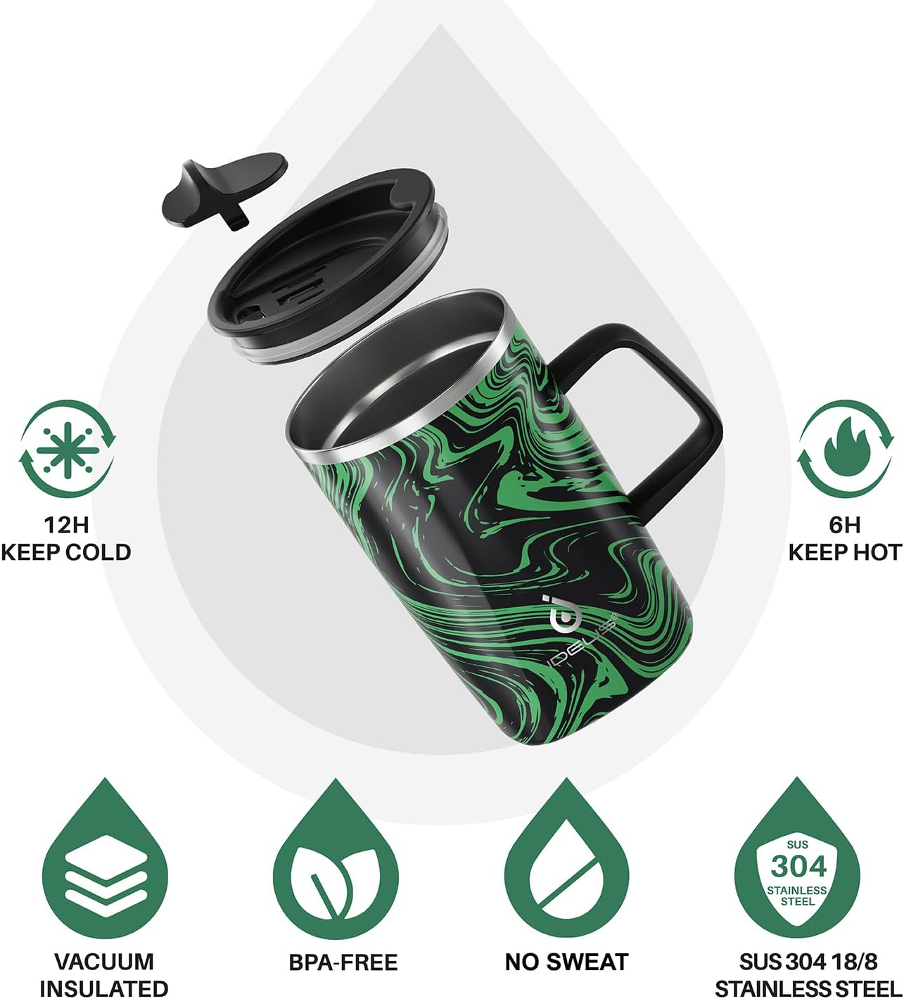 Ideus Vacuum Insulated Coffee Mug, 16oz Reusable Stainless Steel Thermal Double Walled cup with Handle and Slider Lid for Hot & Cold Beverages, BPA Free (Green Zebra)