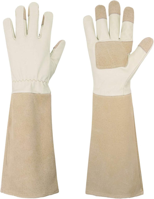 HANDLANDY Pruning Gloves Long for Men & Women, Pigskin Leather Rose Gardening Gloves- Breathable & Durability Gauntlet Glove Medium