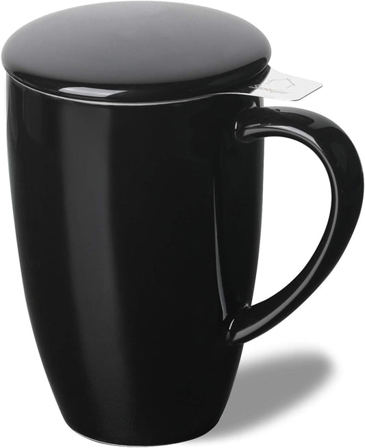 Sweejar Porcelain Tea Infuser Cup with Lid, 16 oz Tea Cup with Strainers for Loose Leaf Tea, Microwave and Dishwasher Safe Coffee Mug, Tea Steeping Mug for Tea Drinkers,Christmas Gift (Black)
