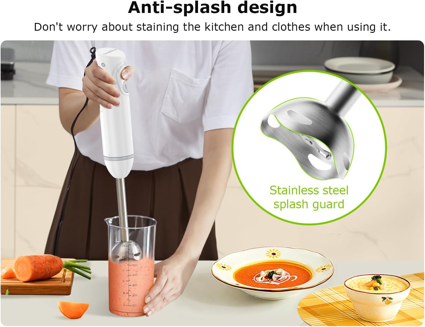 Bonsenkitchen Hand Blender, Immersion Blender with 2 Mixing Speed, Electric Portable Handheld Stick Mixer with Stainless Steel Blades for Soup, Smoothie, Puree, Baby Food, White