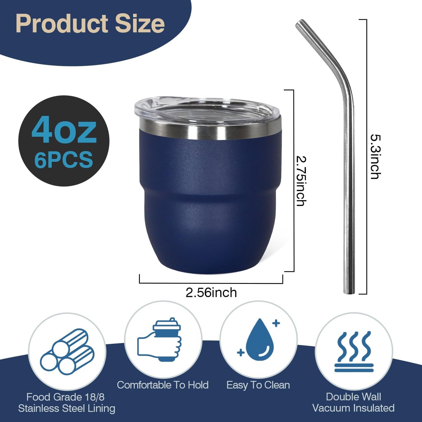 4oz Stackable Cup, Vacuum Insulated Espresso Cup Set of 6, Espresso Shot Cup for Coffee, Double Wall Stainless Steel Mini Tumbler Shot Glasses with Straw and Lid (A-navy6P, 4oz)